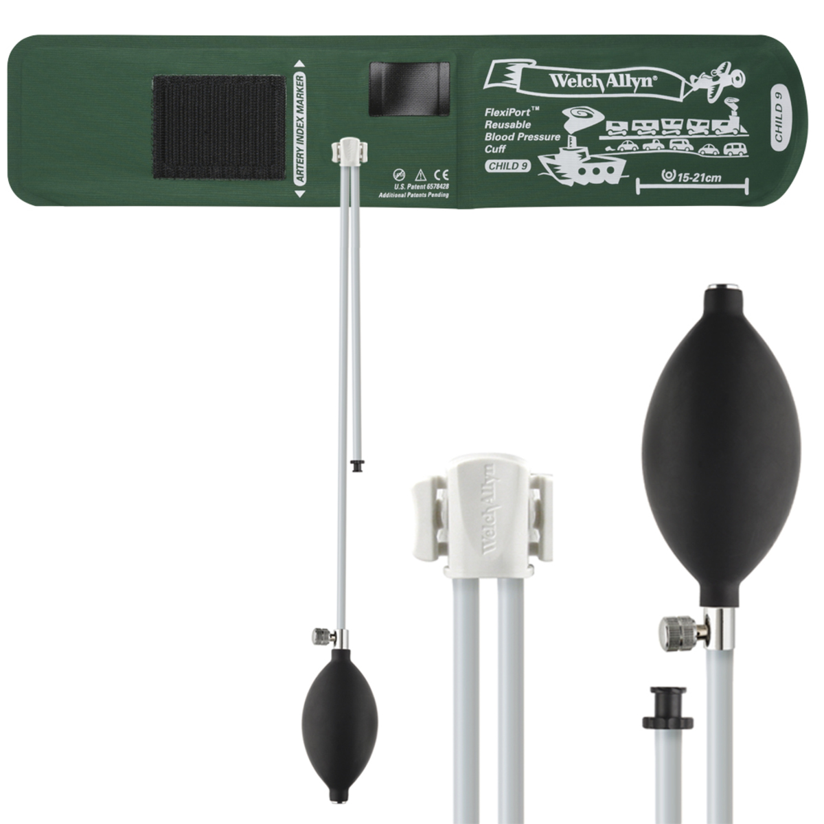 Cuff Blood Pressure, FlexiPort, Size 9, Child, 2-Tube [8' & 13'], Tri-Purpose Connector, Inflation Bulb and Valve, Range 15-21 cm, Nylon, Reusable (1/EA) by Hillrom/Welch Allyn  ID REUSE-09-2BV